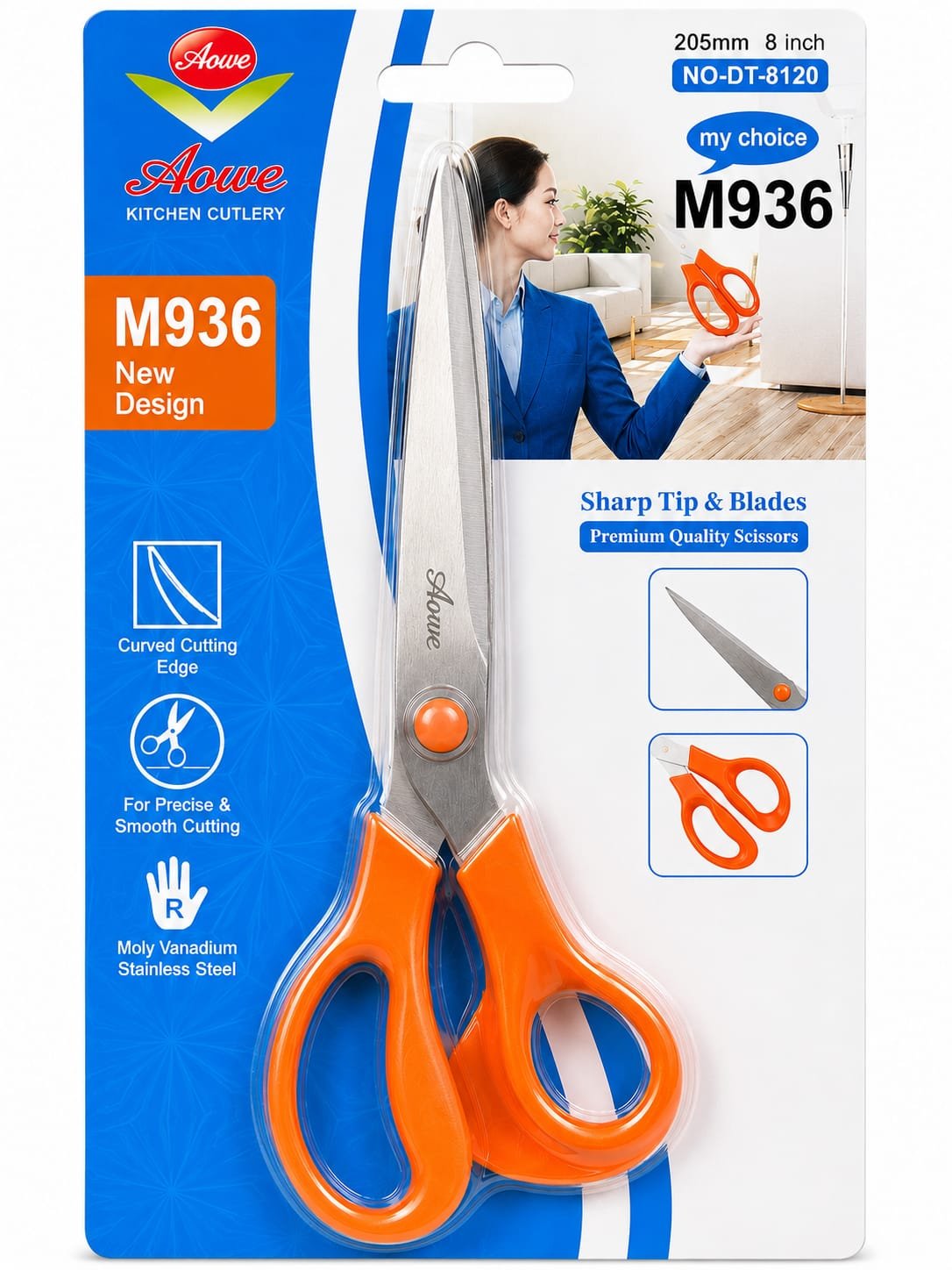 Aowe 205mm 8-inch Kitchen Scissors – Curved Edge, Moly Vanadium Steel (DT-8120)