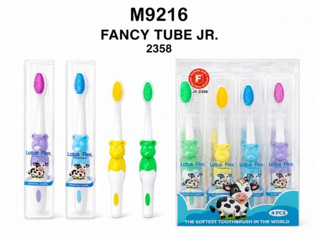 Lotus-Flex Fancy Tube Jr. Kids Toothbrush – Cow Design, Super Soft (4 Pcs, Model 2358)